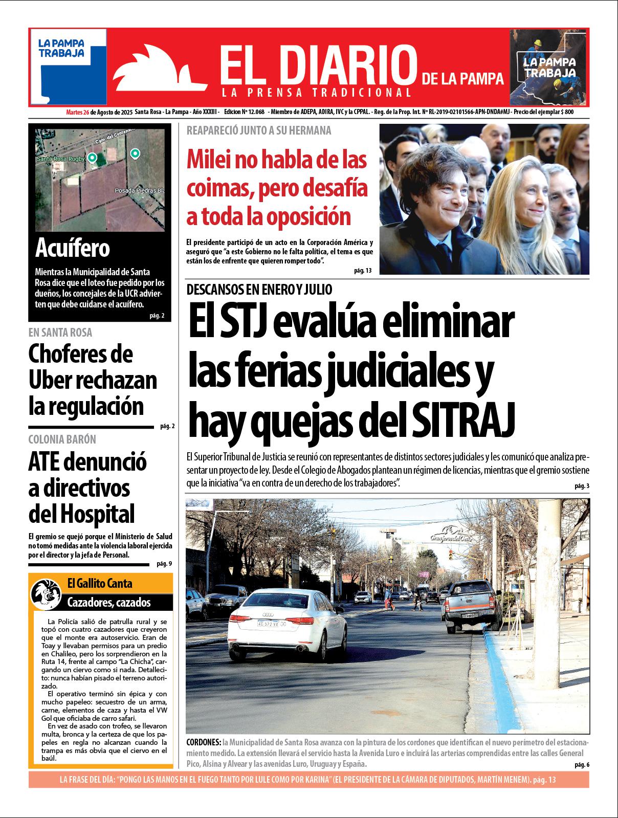 Tapa de El Diario en papel  martes 26 de agosto de 2025